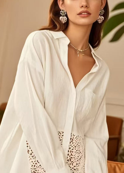 Simple White Oversized Patchwork Cotton Top Spring