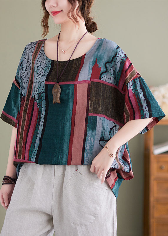 Blackish Green O-neck Print Cotton Tops Short Sleeve