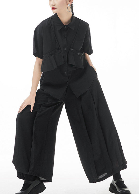Black Peter Pan Collar Asymmetrical Design Shirt Tops Short Sleeve