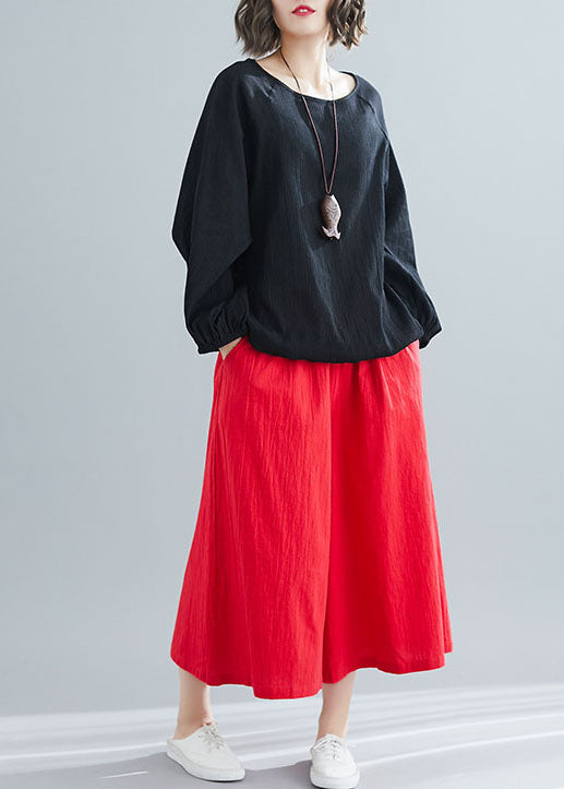 Black O Neck Wrinkled Patchwork Cotton Top Spring