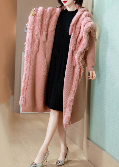 Pink Thick Knit Winter Cardigan Fox Collar