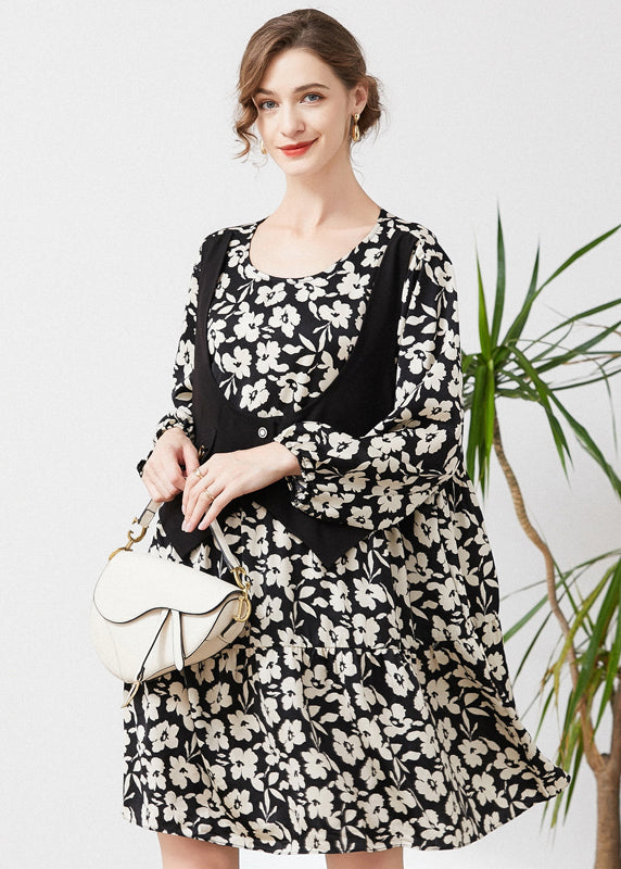 Black Oversized Patchwork Fake Two Piece Dress Spring