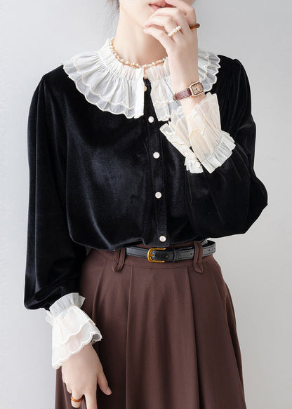 Art Black Ruffled Patchwork Silk Velour Blouse Tops Spring