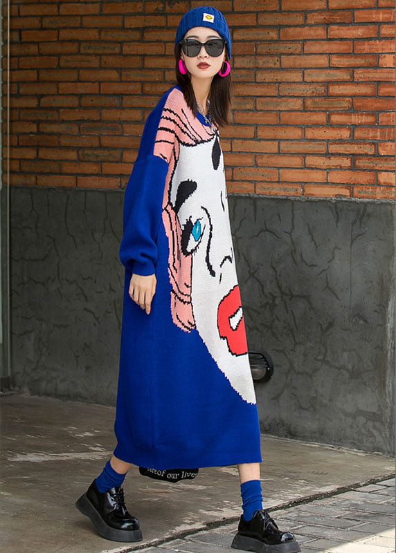 French Blue O-neck Loose Fall Knit Long Dresses Long Sleeve