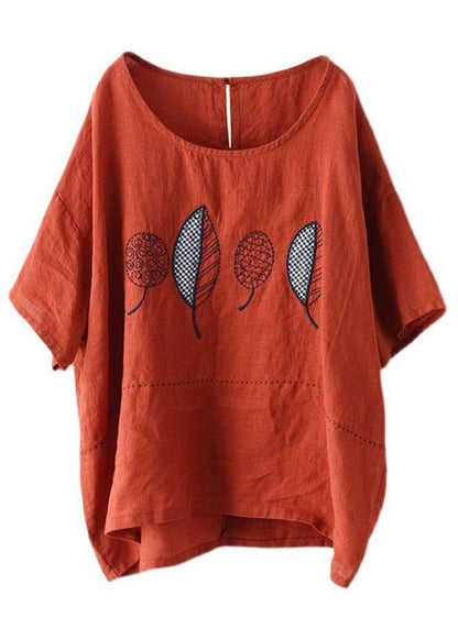 French Red Summer O-neck Embroideried Linen Half Sleeve T Shirt