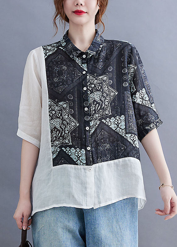 Black Peter Pan Collar Button Patchwork Print Fall Shirt Half Sleeve