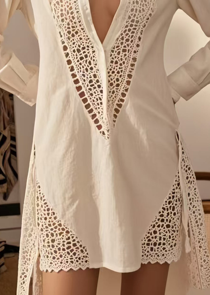 White Hollow Out Cotton Mini Dress Spring
