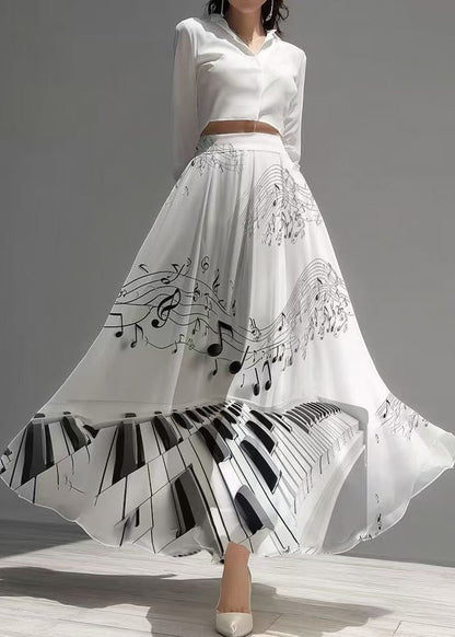 Modern White Print Draping Chiffon Skirts Exra Large Hem Fall