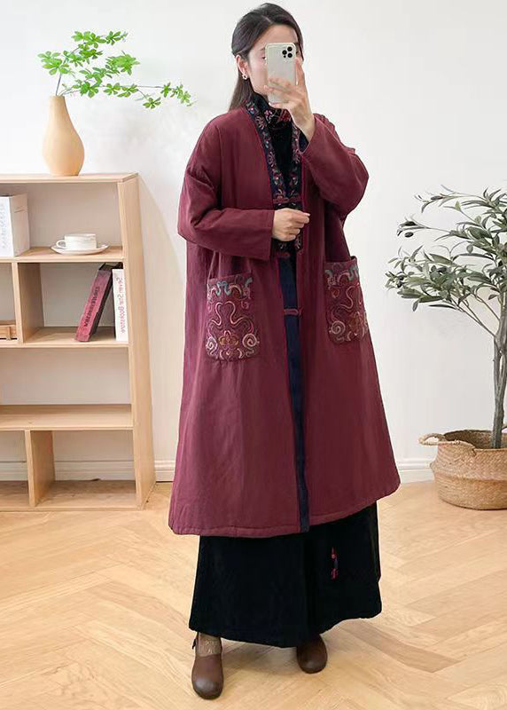 Mulberry V Neck Embroideried Pockets Fine Cotton Filled Coat Winter