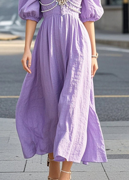 Diy Purple Puff Sleeve Nail Bead Cotton Dress Summer