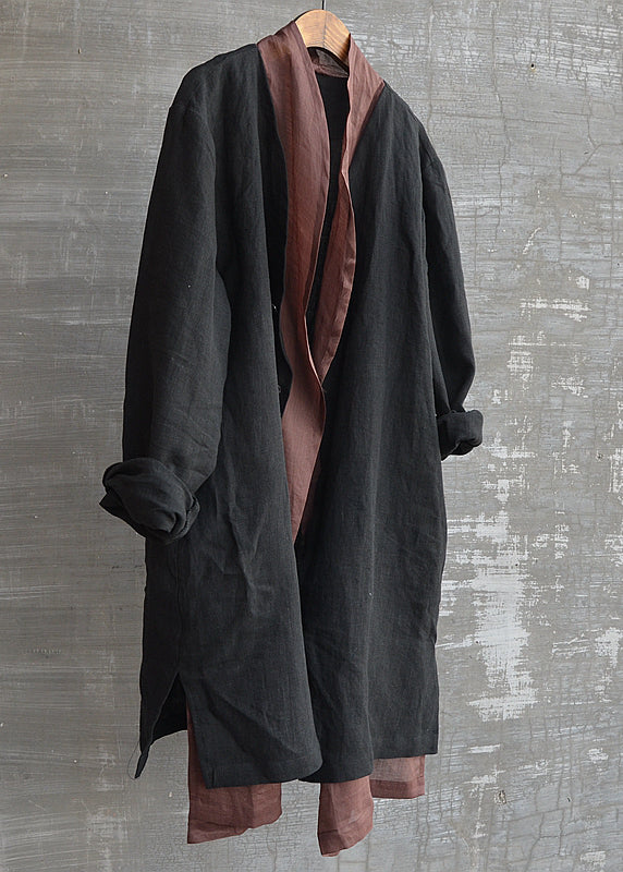 Handmade Black Patchwork Button Fake Two Pieces Linen Shirts Long Sleeve