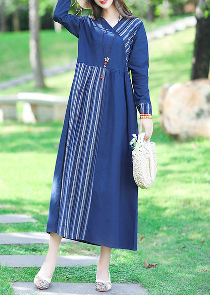 Blue V Neck Striped Patchwork Linen Long Dress Spring