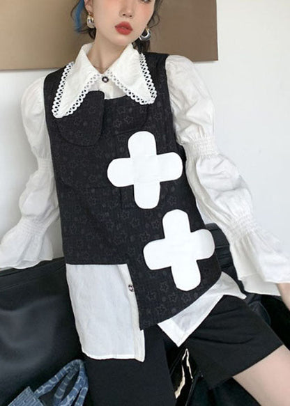 Black Print Asymmetrical Design Fall Vest