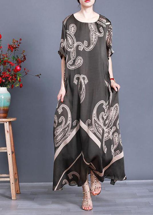 Tea Green Print Loose Silk Dress Summer