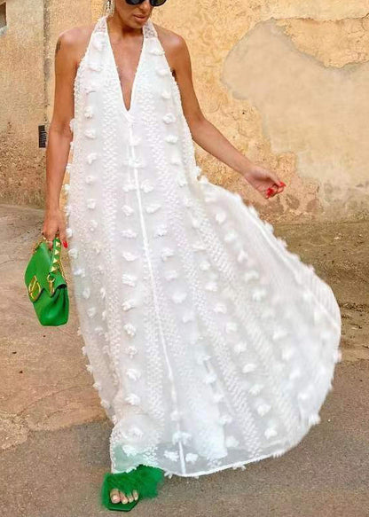 White Backless Ribbon Maxi Dress Sleeveless