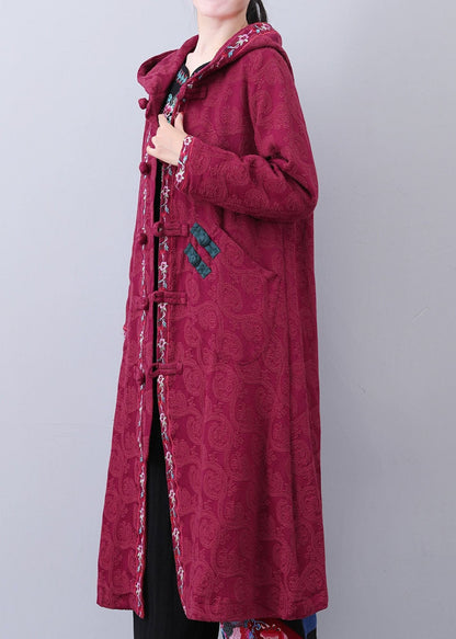 Art Brick Red Hooded Embroideried Jacquard Long Coat Fall