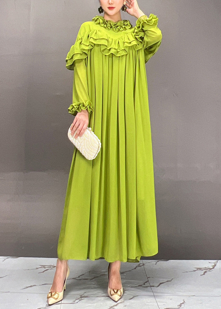 Loose Green Ruffled Chiffon Long Dress Fall