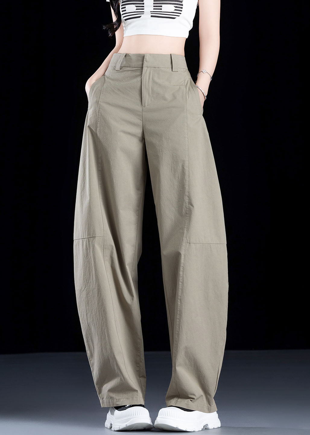 New White Pockets High Waist Cotton Pants Fall