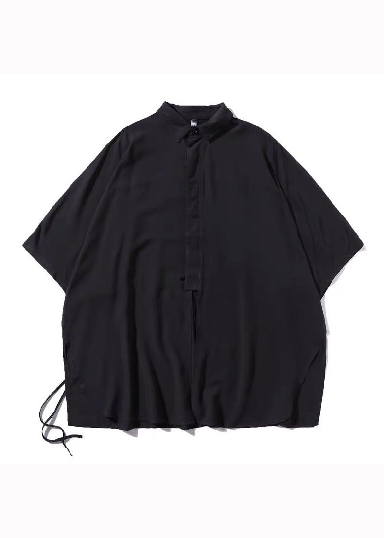 Black Peter Pan Collar Lace Up Patchwork Cotton Shirts Bracelet Sleeve