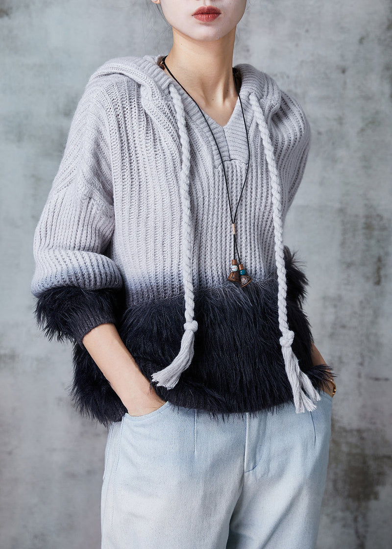 Grey Patchwork Mink Hair Knitted Sweatshirt Hooded Spring
