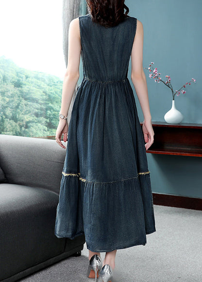 Natural Blue O-neck Drawstring Elastic Waist Cotton Ankle Dress Spring