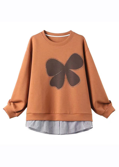 Boutique Orange Striped Patchwork Zircon Fake Two Pieces Sweatshirt Long Sleeve