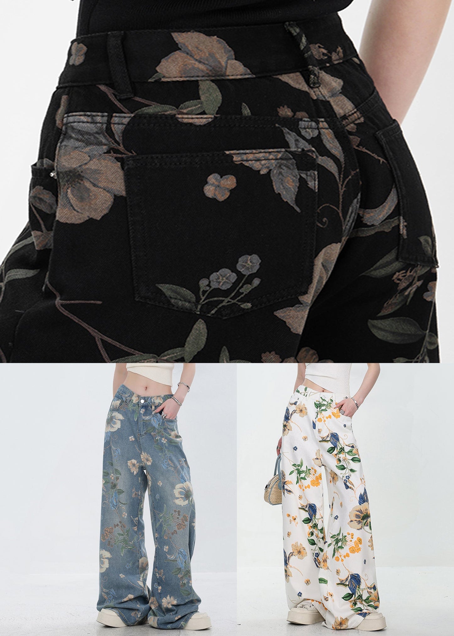 Original Design Blue Print Pockets Denim Pants Fall