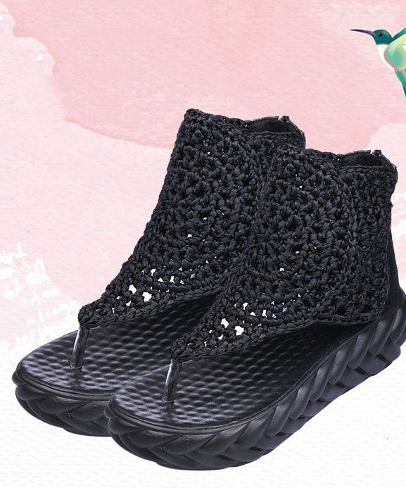 Black Knit Fabric Splicing Platform Peep Toe Sandals