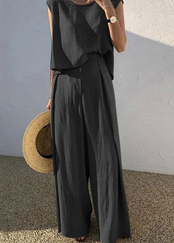 Boutique Khaki O-neck T Shirt and Wide Leg Pants Two Pieces Set Sleeveless Summer