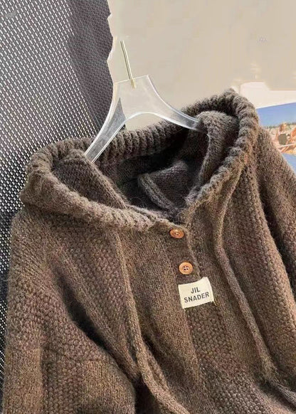 Apricot Button Lace Up Cotton Knit Tops Hooded Long Sleeve Fall