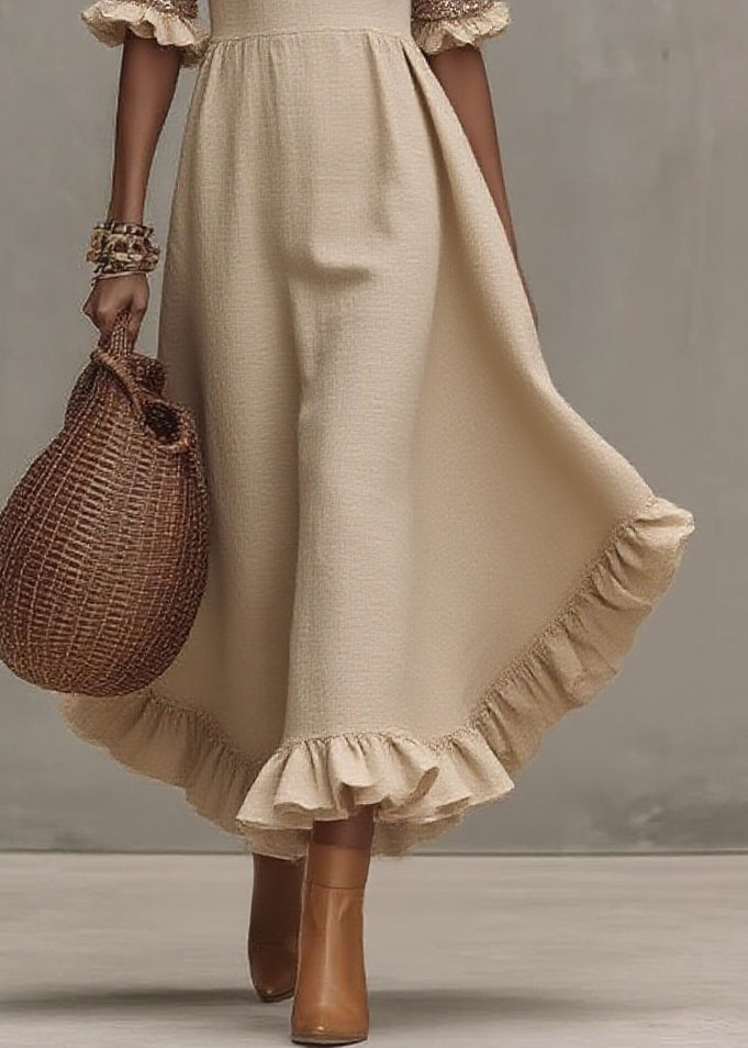 Beige Square Collar Ruffled Wrinkled Long Dress Summer