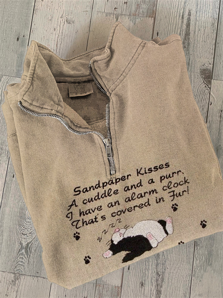 Sleeping Cat Embroidered Print Zipper Casual Sweatshirt elevenforest