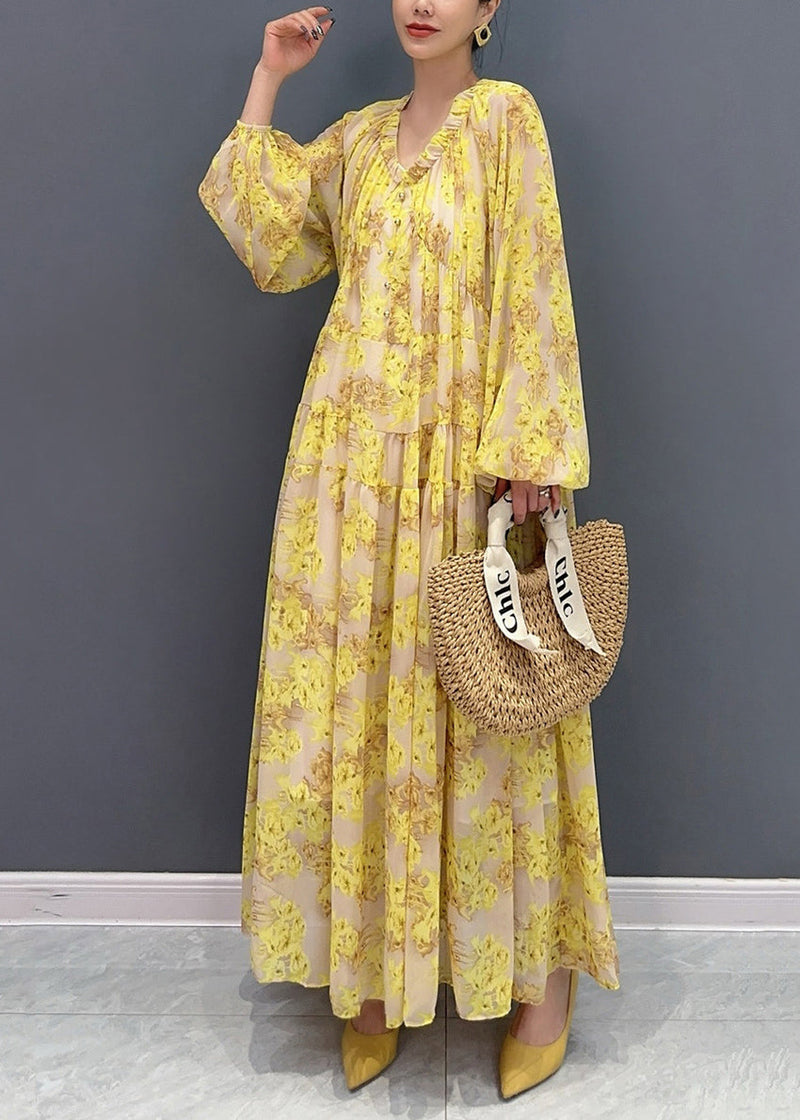 Yellow V Neck Ruffled Print Chiffon Long Dresses Fall