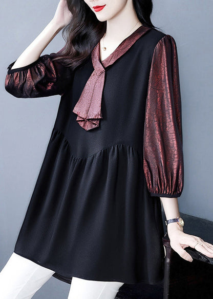 Dull Red Heart Neck Patchwork Fake Two Piece Shirt Bracelet Sleeve