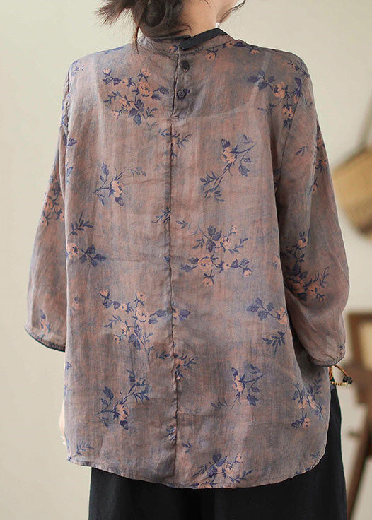 Dark Purple Embroideried Print Linen Tops Spring