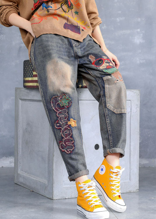 Art Blue Embroideried Pockets Denim Pants Spring