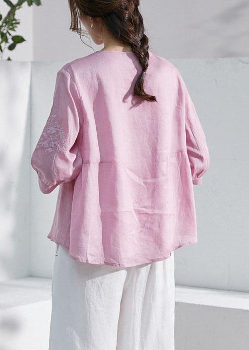 Art Pink O-neck Embroideried Patchwork Summer Ramie Shirt Top Half Sleeve