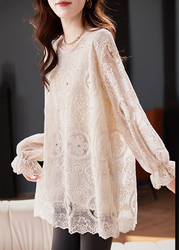 Apricot Embroidered Hollow Out Chiffon Top Flare Sleeve