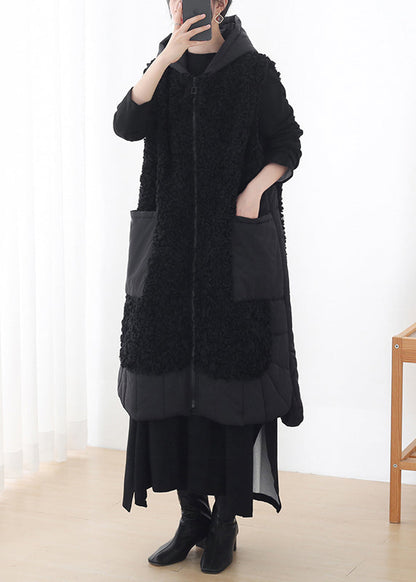Black Zippered Woolen Hoodies Waistcoat Sleeveless