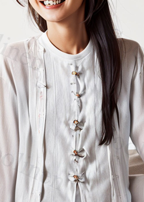 New White O-neck Button Cotton Blouses Long Sleeve