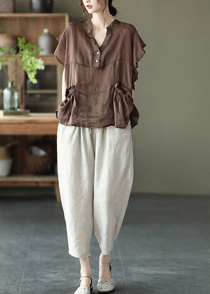 Chocolate Retro Loose Pockets Fall Shirt Tops Short Sleeve