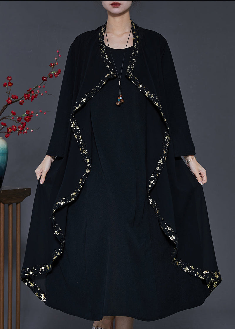 Black Ruffled Patchwork Chiffon Maxi Dresses Spring