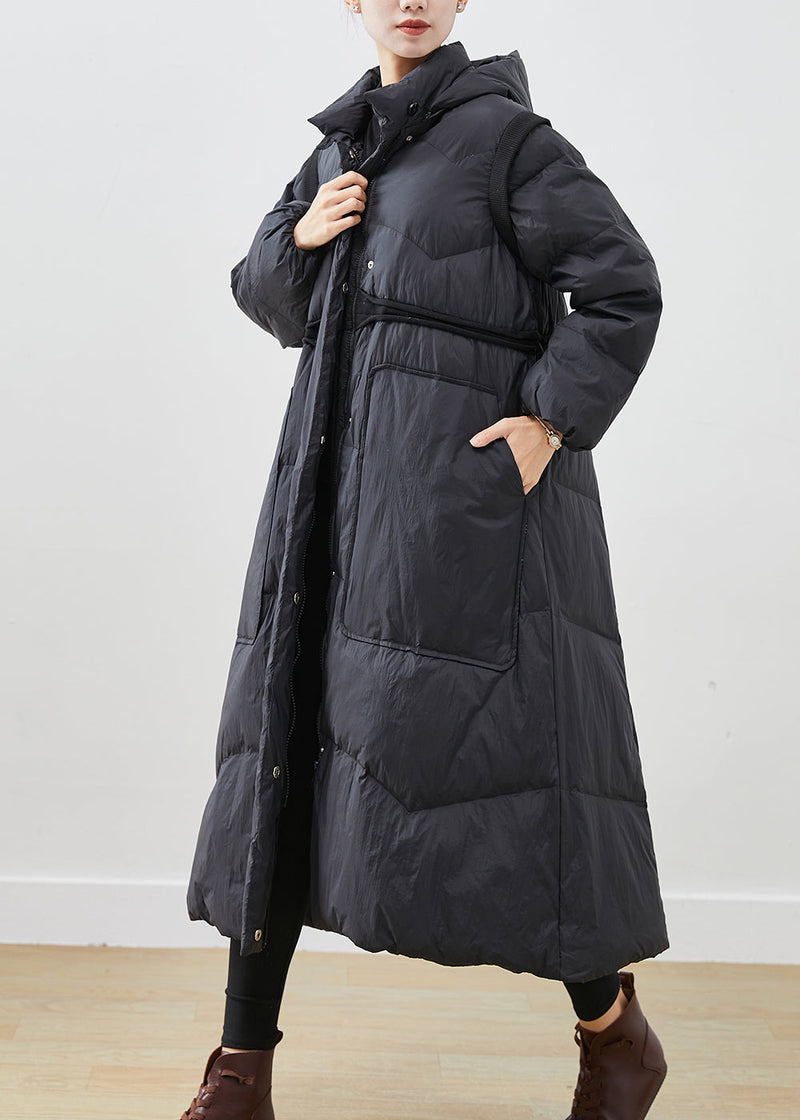Black Cinched Big Pockets Duck Down Down Coat Winter