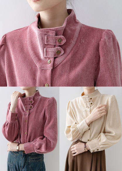 French Rose Stand Collar Button Velour Top Spring
