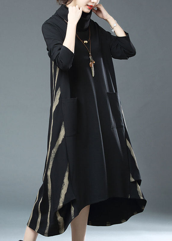 Black Striped Pockets Patchwork Cotton Dress Fall