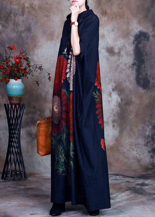 Blue Turtle Neck Print Velour Robe Dresses Spring