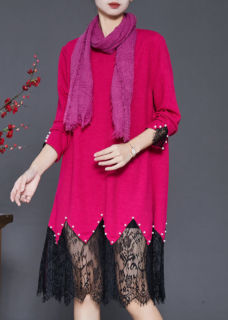 Rose Lace Patchwork Nail Bead Knit Dresses Spring