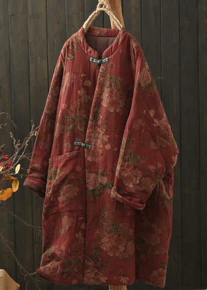 Red Pockets Print Oriental Button Fine Cotton Filled Coat Winter
