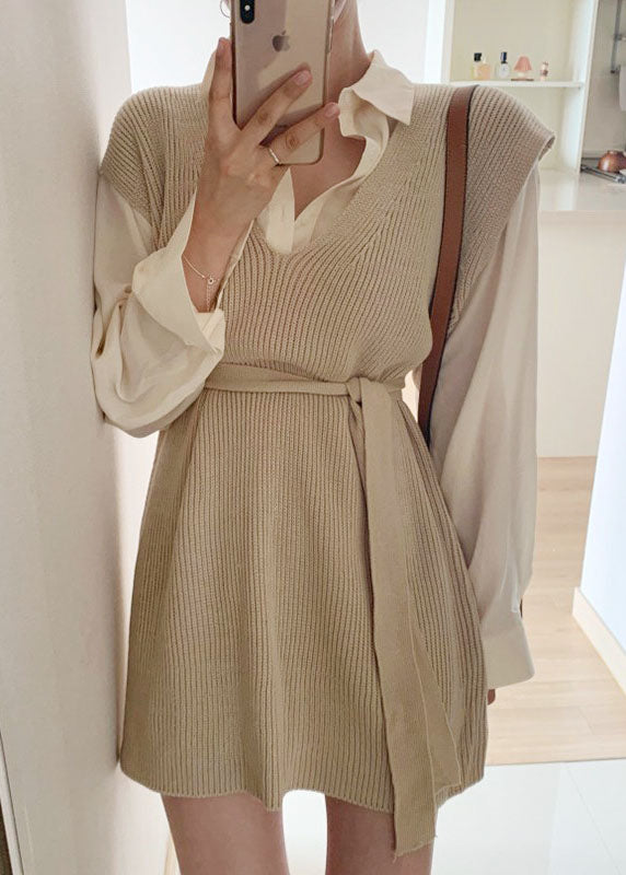 Apricot V Neck Cinched Knit Vest Sleeveless