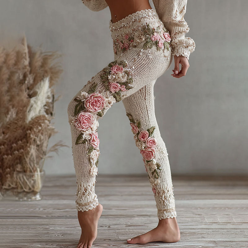 Comstylish Women's Vintage Pink Floral Art Cozy Knit Leggings